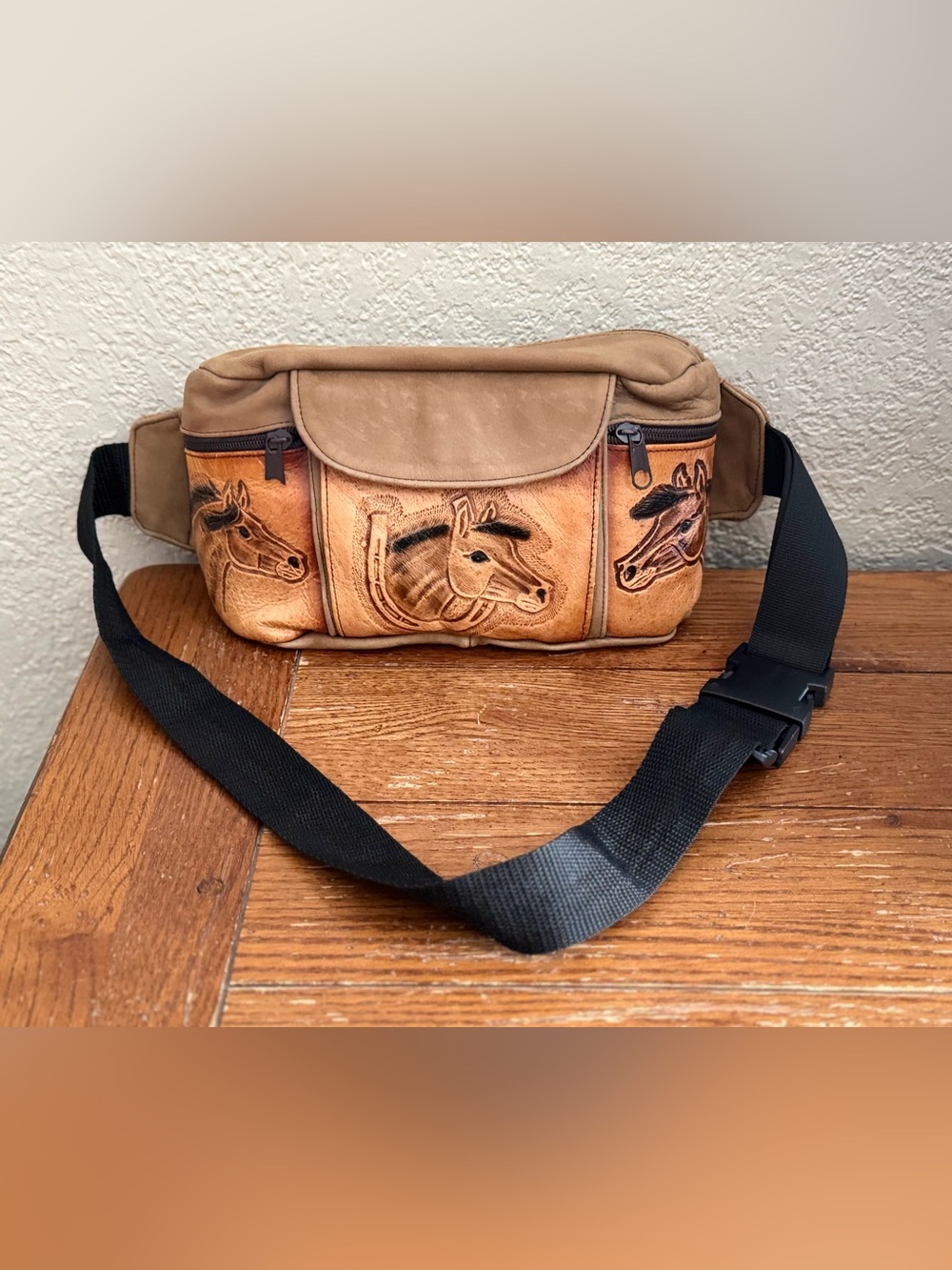 Vtg. Tan/Brown Tooled Leather Leather Horse Crossbody/Fanny/Waist Bag Zippered